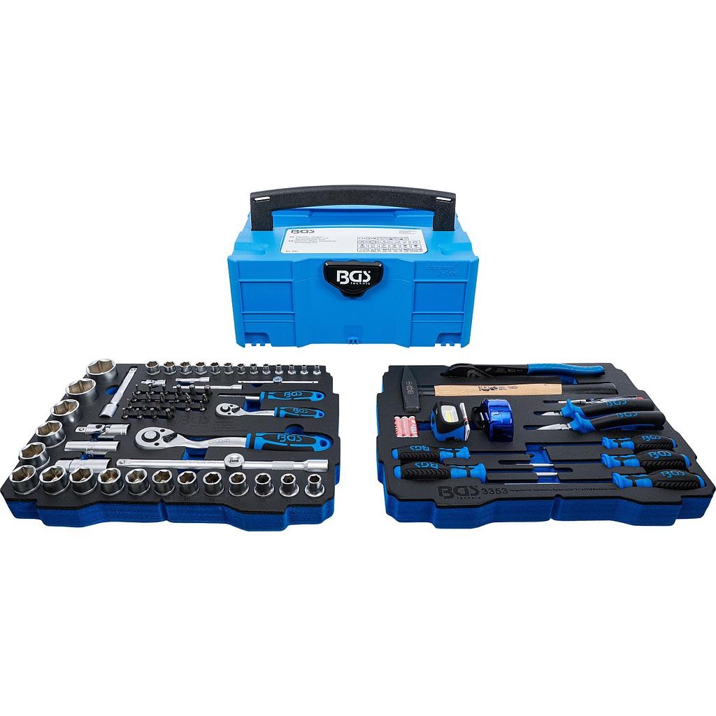 Steckschlüssel- und Hammer-, Zangen-, Schraubendreher-Satz | 6,3 mm (1/4") / 12,5 mm (1/2") | BGS systainer® | 77-tlg.